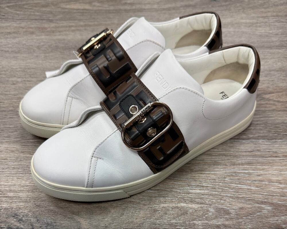 FENDI Vitello Zucca FF White Leather Logo Buckle Slp-On Shoes Sneakers Sz. 38